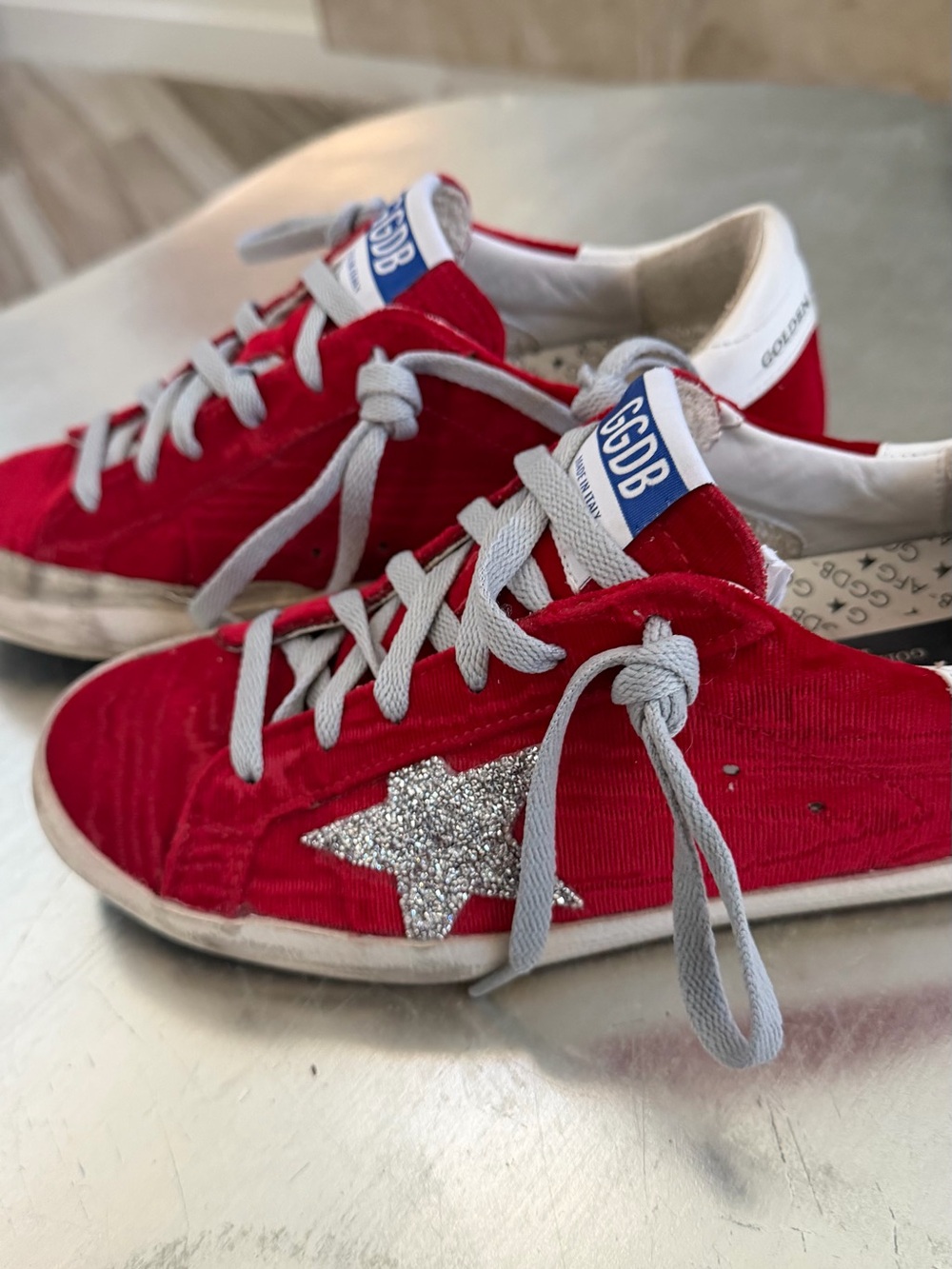 Golden Goose Red Velvet Sneakers with Silver Glitter Star